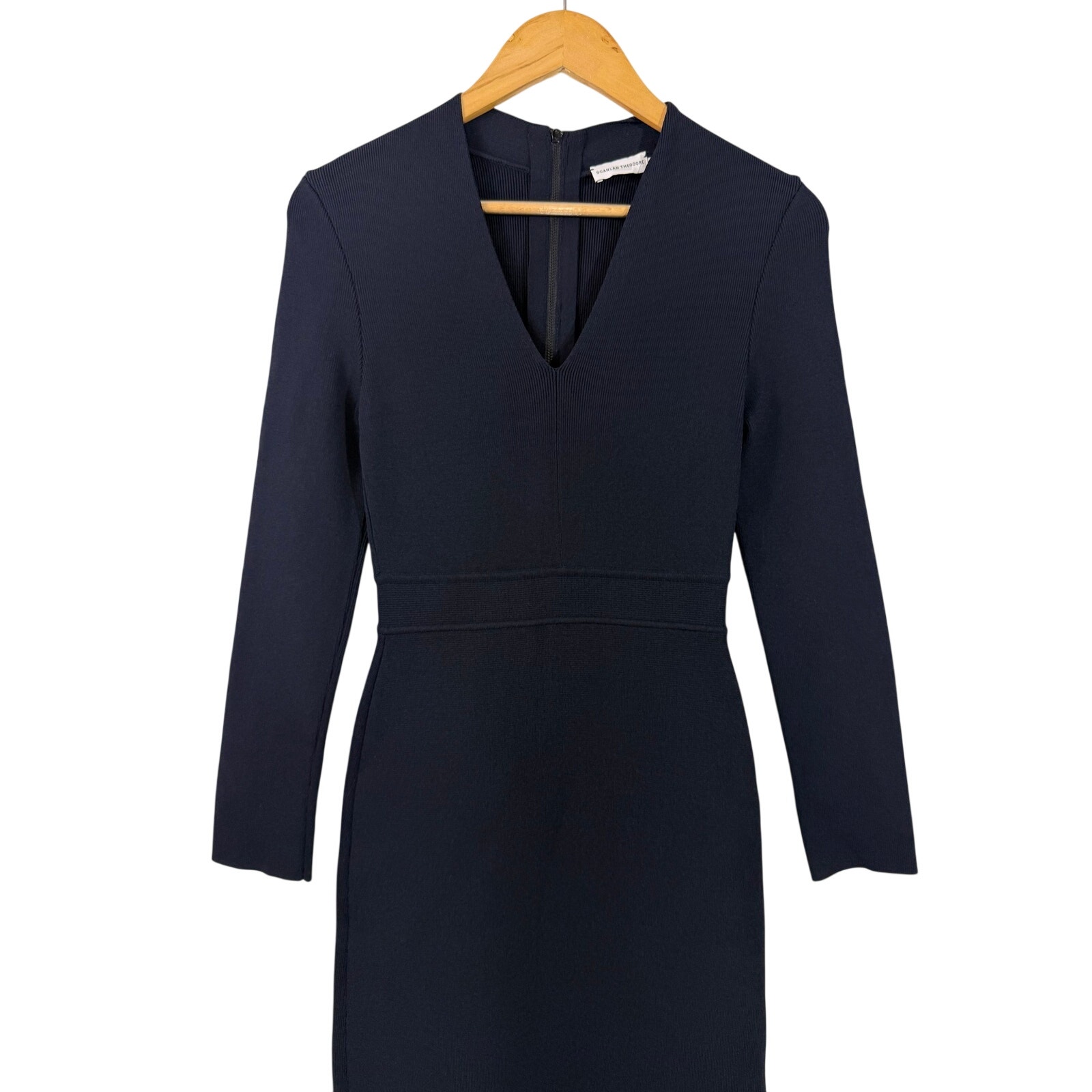 Scanlan Theodore Crepe Knit V Neck Long Sleeve Midi Dress Navy Size Small — image 7 of 8